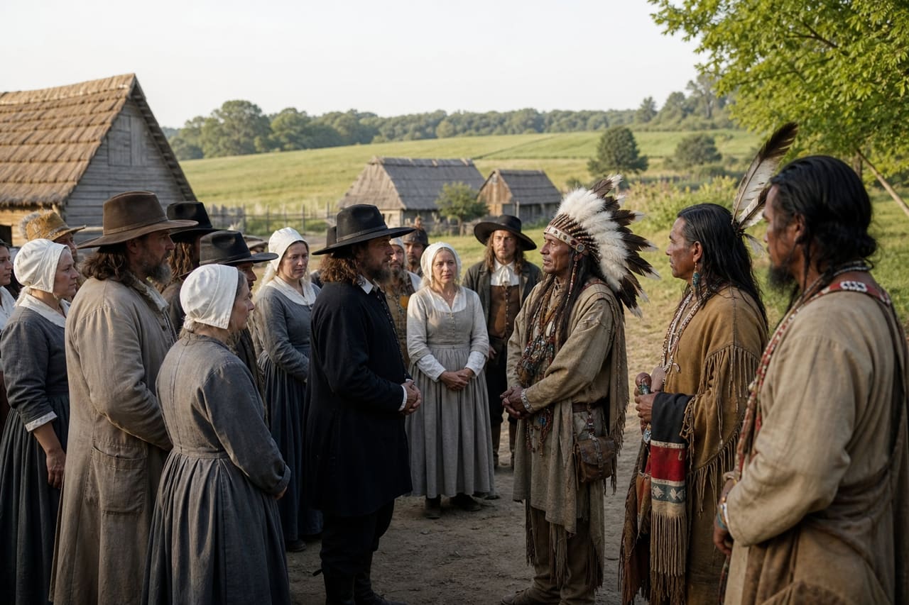 Quakers and Native Americans Conversing in Colonial Pennsylvania