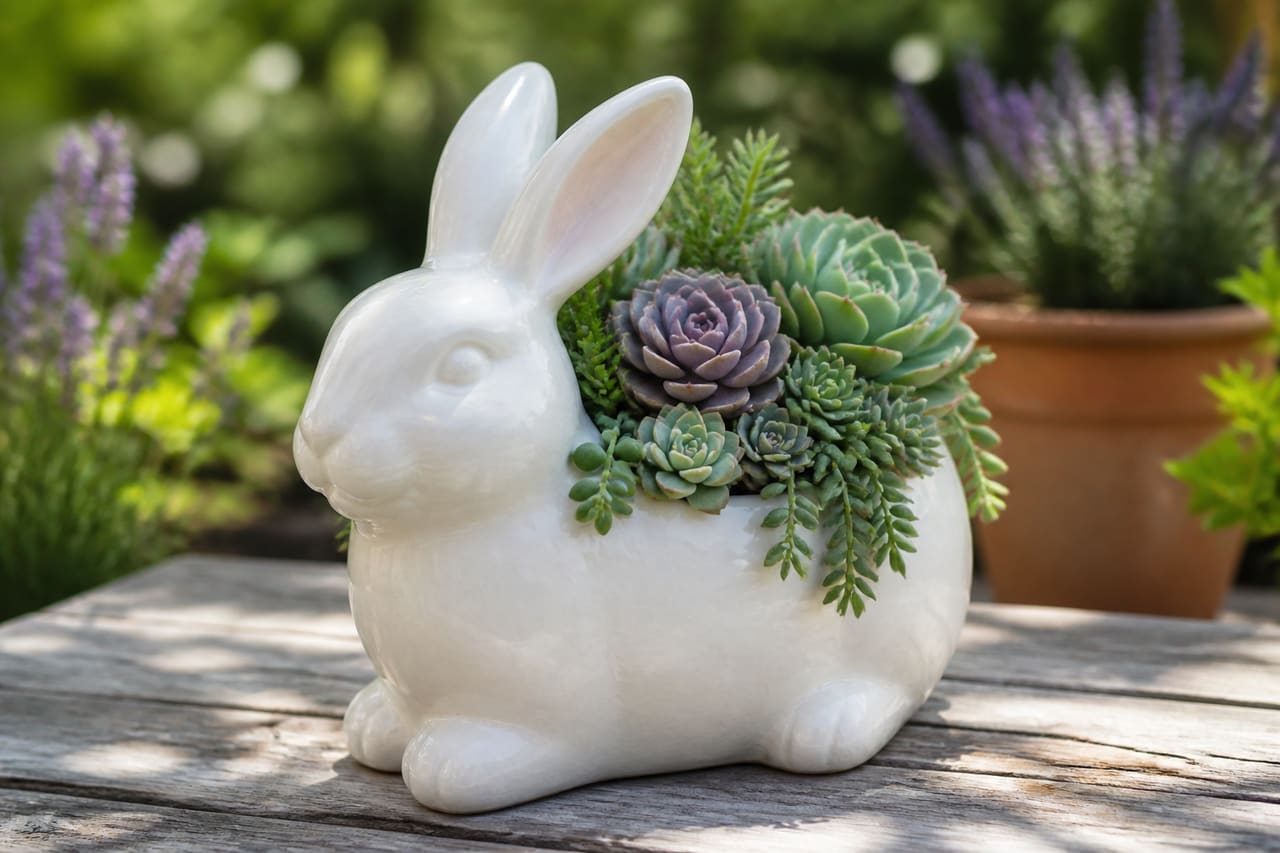 Ceramic Bunny Shaped Planter with Succulents in a Sunny Garden