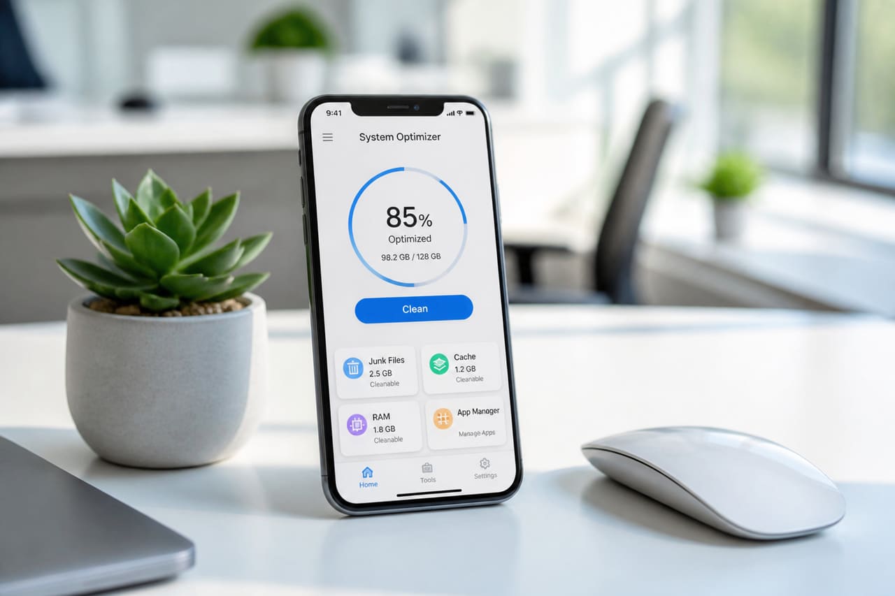 Smartphone Displaying a System Optimization App on a Minimalist Desk