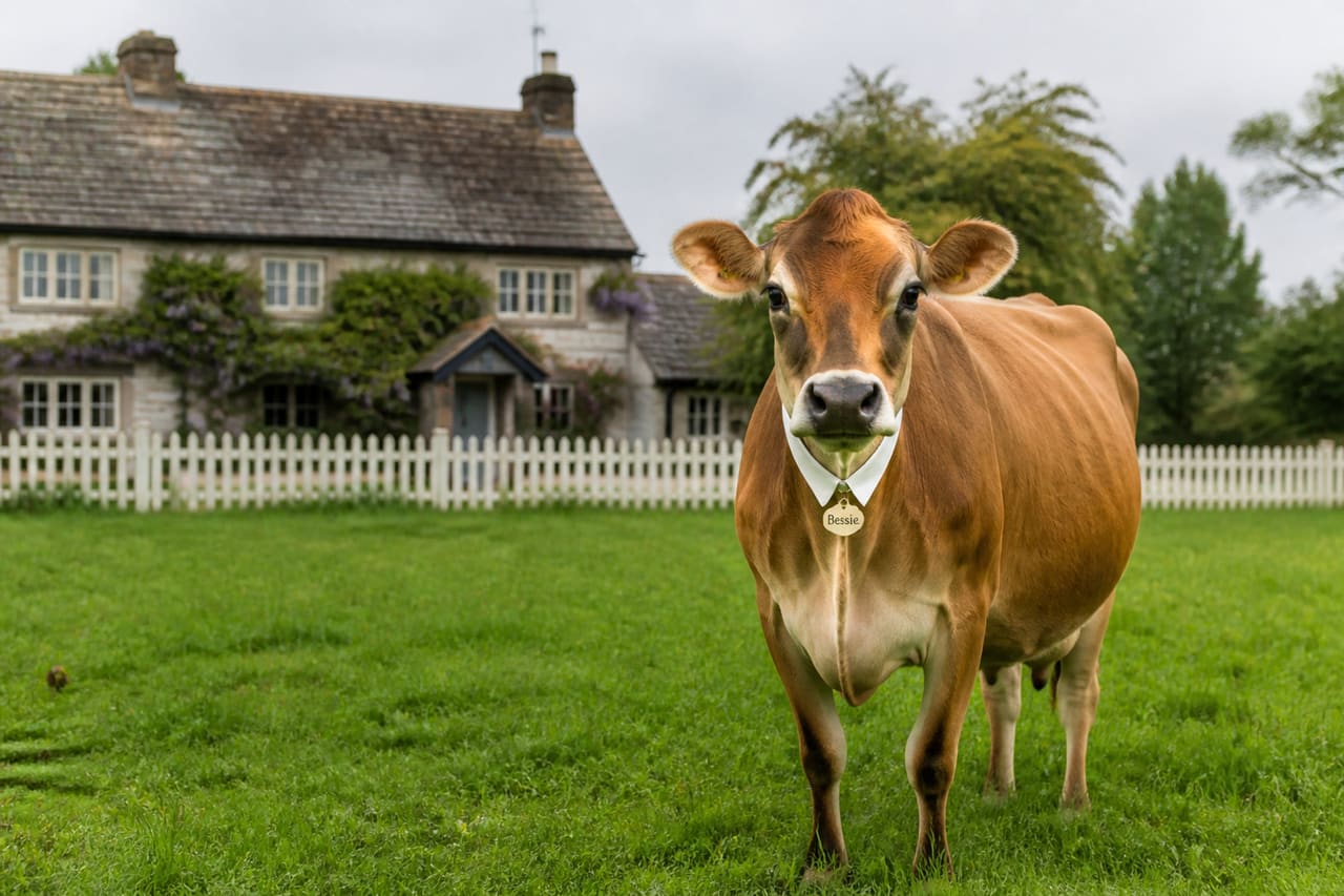 Brown Cow Wearing Professional Collar in English Pasture