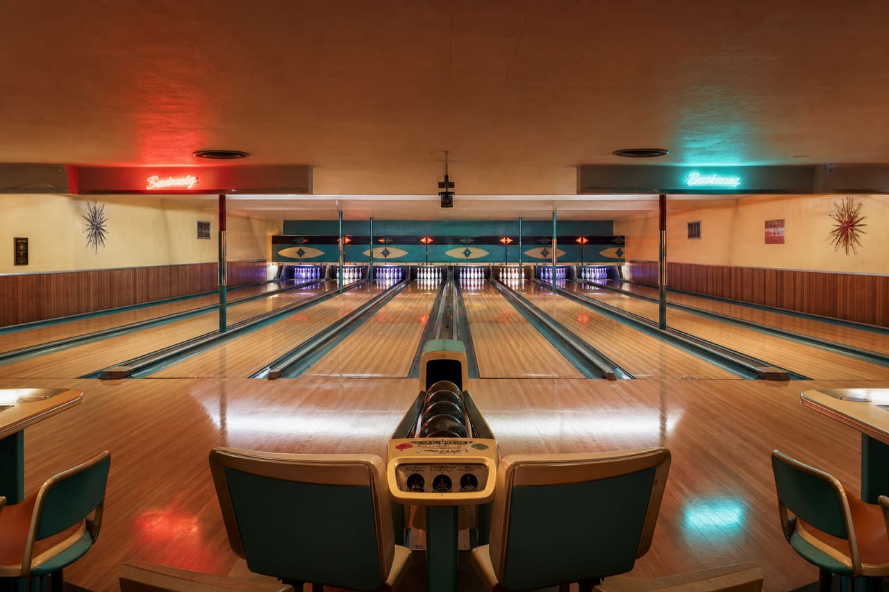 Vintage Bowling Alley with Polished Wooden Lanes
