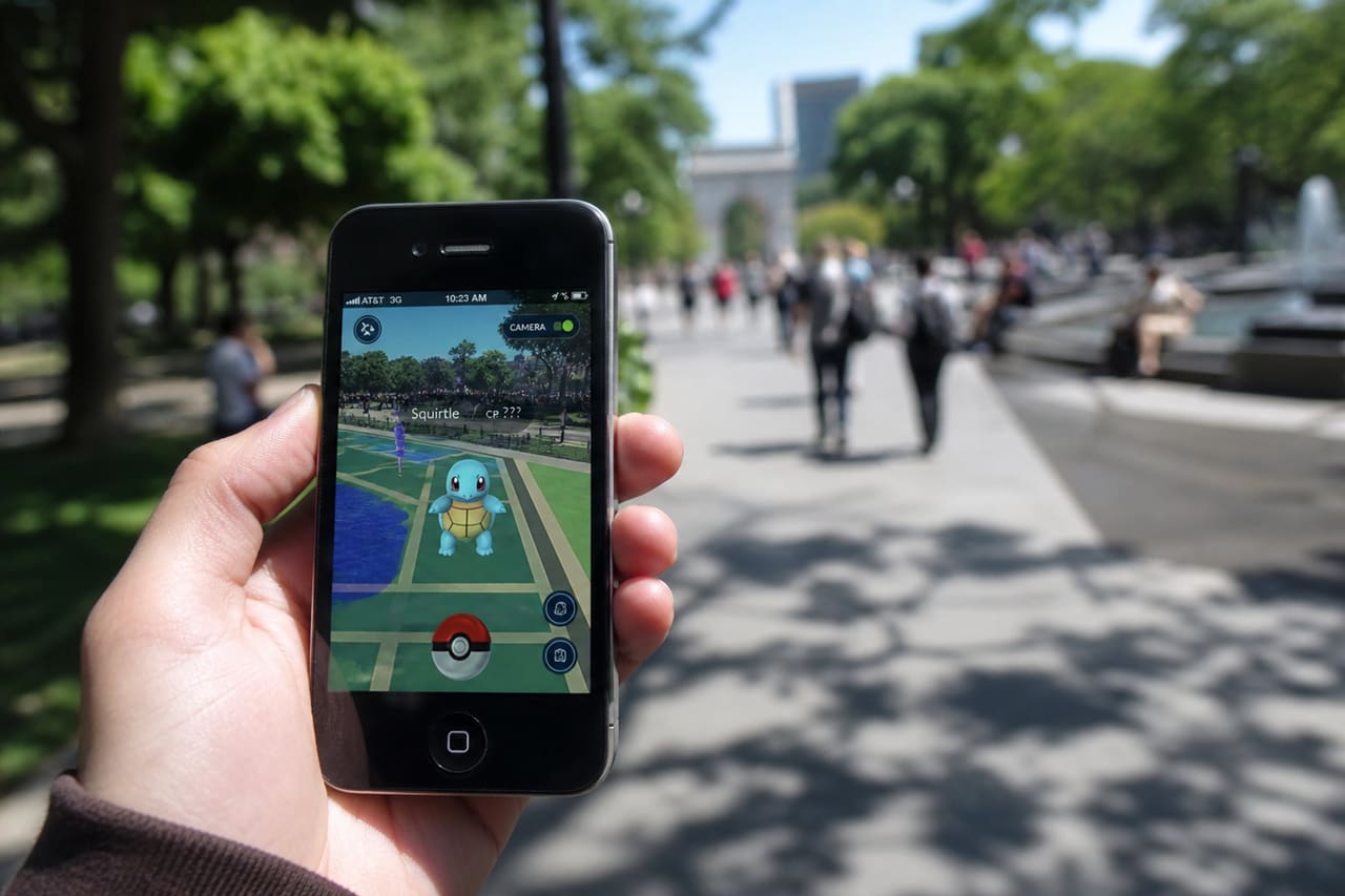 Hand Holding Iphone 4 Playing Augmented Reality Game Outdoors