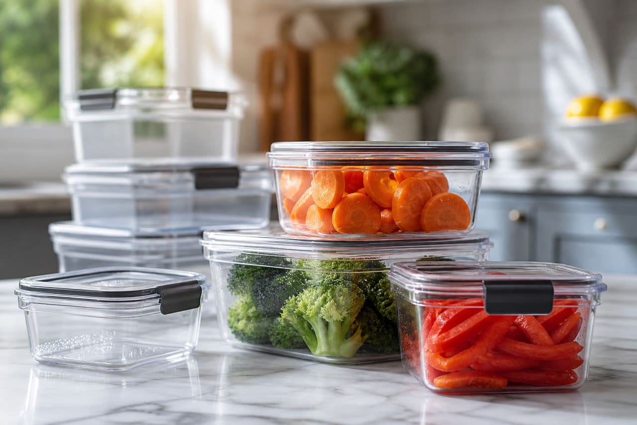 Assorted Food Grade Plastic Containers on a Kitchen Countertop
