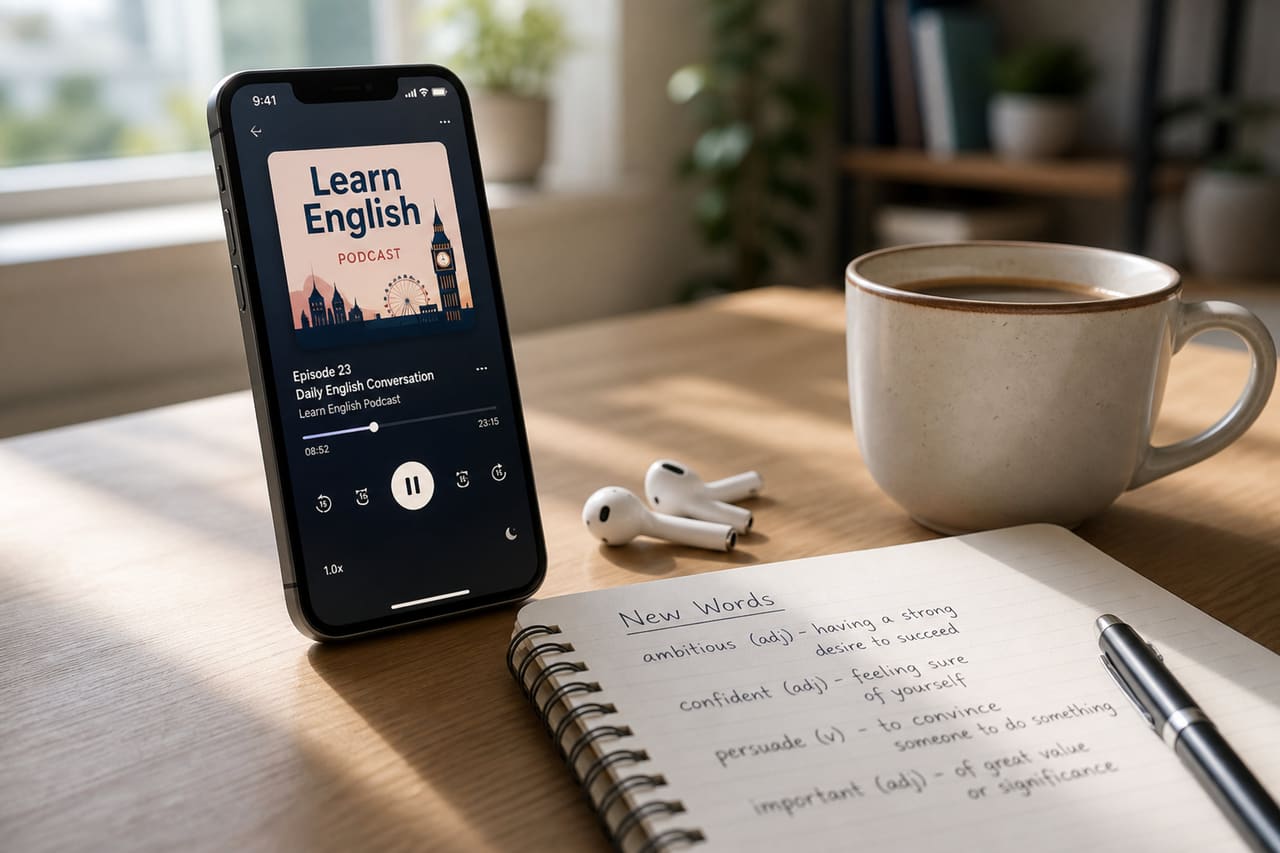 Smartphone Playing English Audio Lesson on a Study Desk