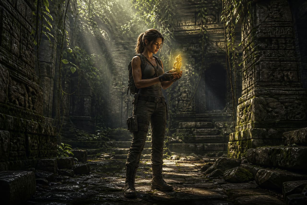 Female Explorer Discovering Ancient Artifact in Jungle Temple