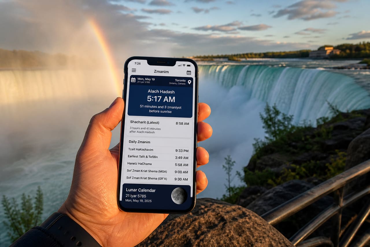 Person Checking Zmanim App at Niagara Falls