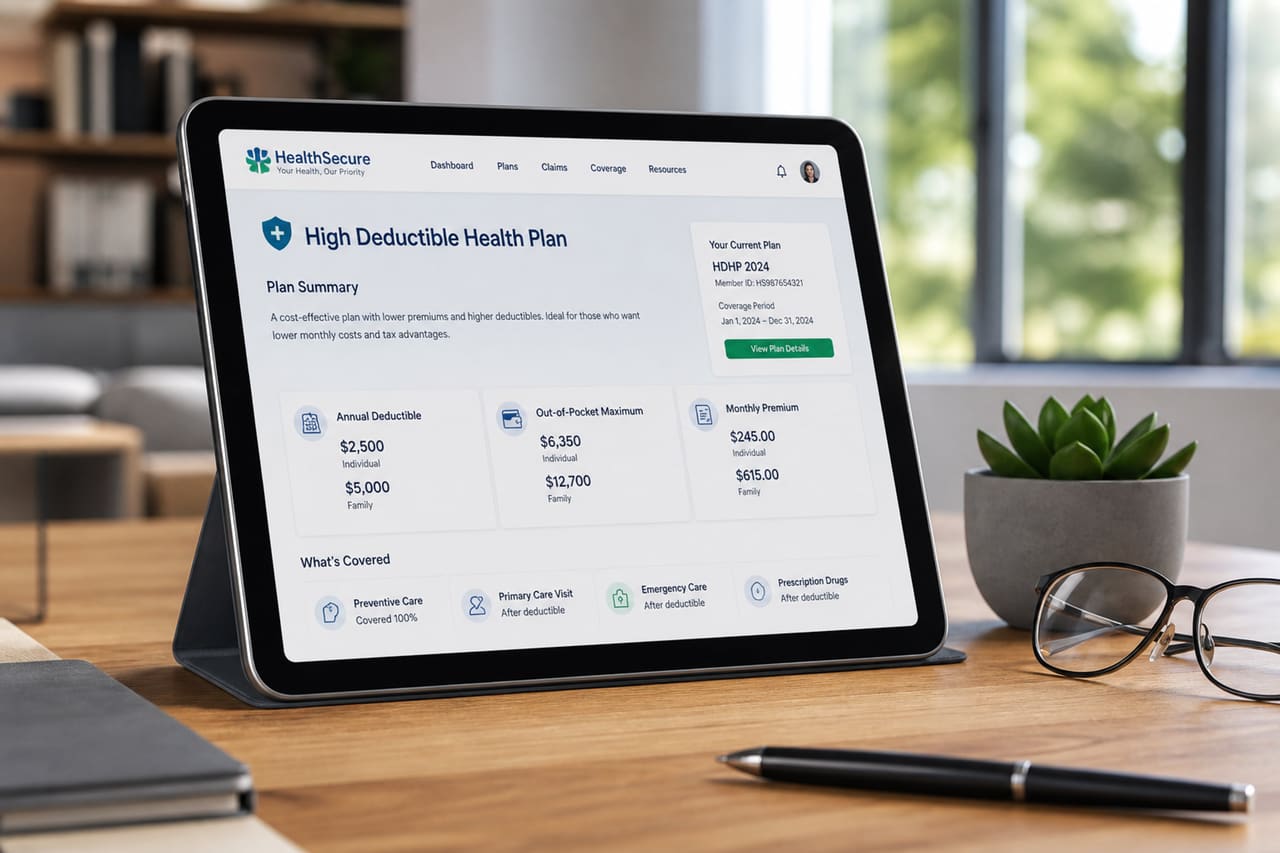 Tablet Displaying High Deductible Health Plan Details on Office Desk