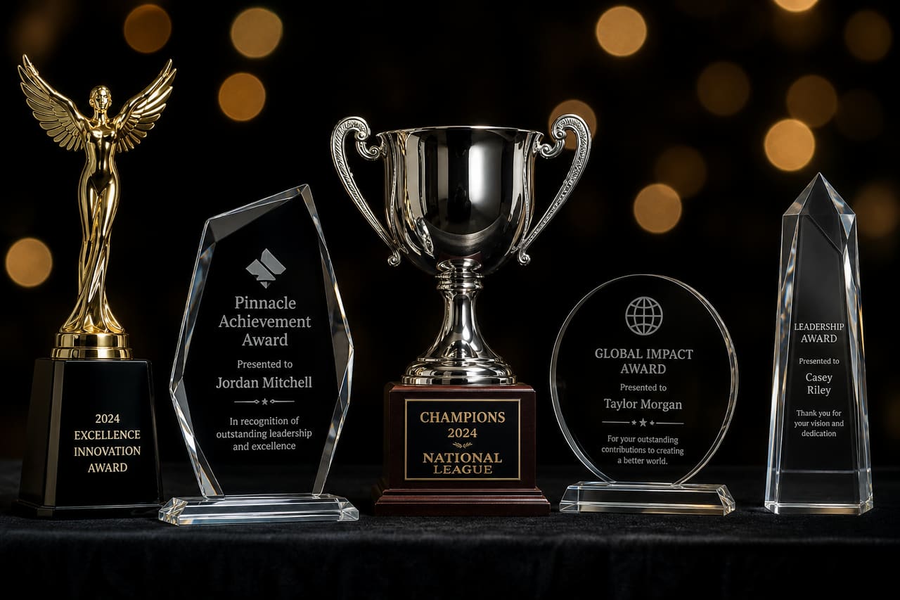 Collection of Gold Trophies and Crystal Awards on a Pedestal