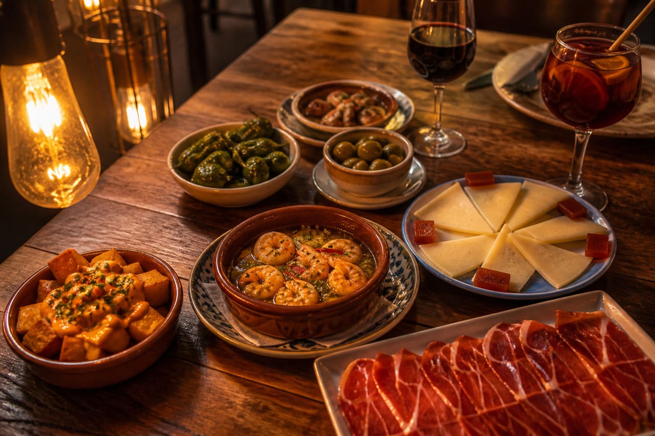 Assorted Spanish Tapas Plates on a Rustic Restaurant Table