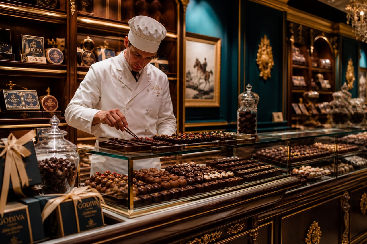 Luxury Chocolate Counter with Artisan Pralines in a Boutique