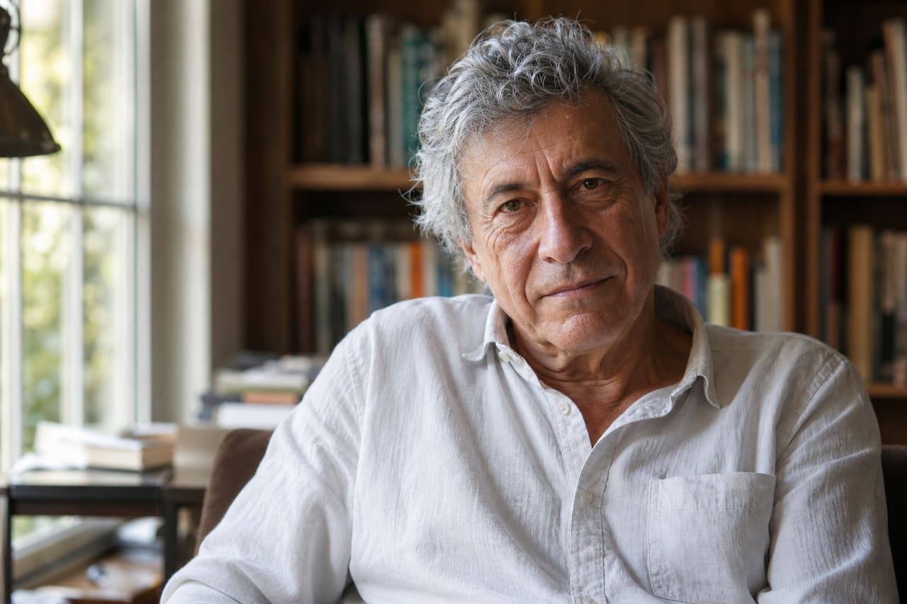Mature Man with Grey Hair Sitting in a Library