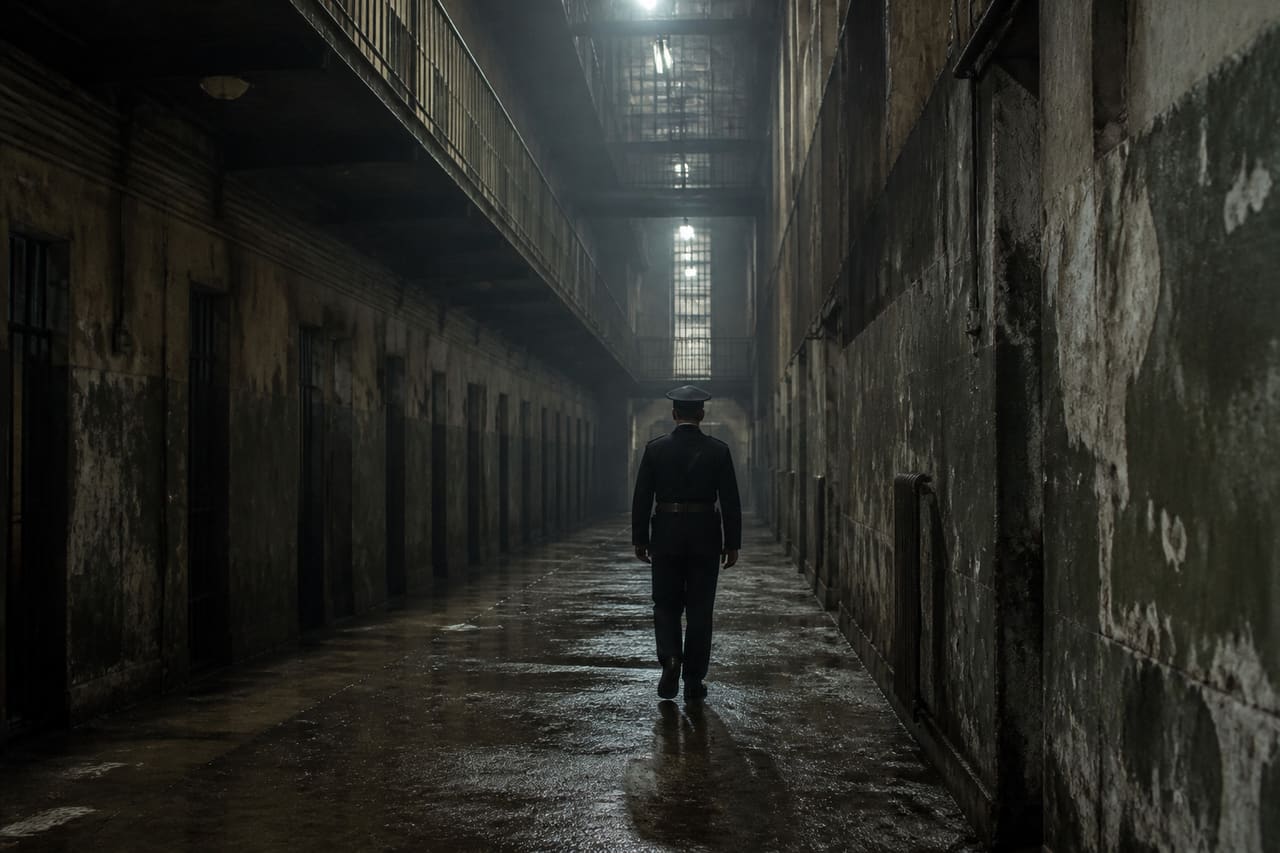 Prison Guard Walking Down a Dimly Lit Concrete Corridor