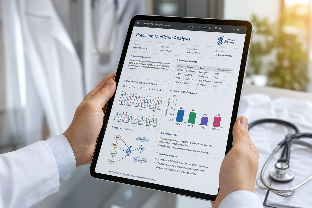 Doctor Reviewing Precision Medicine PDF on Digital Tablet