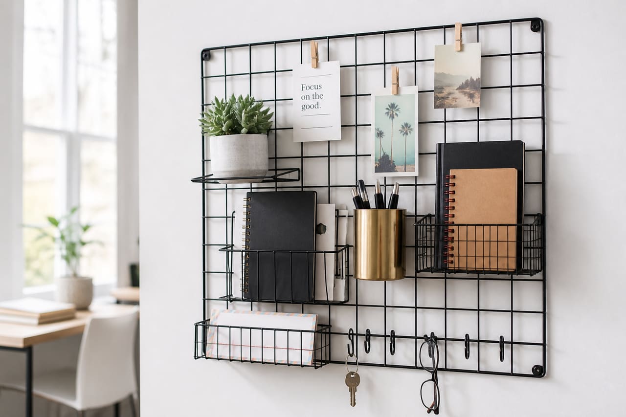 Black Metal Wire Wall Organizer with Office Supplies