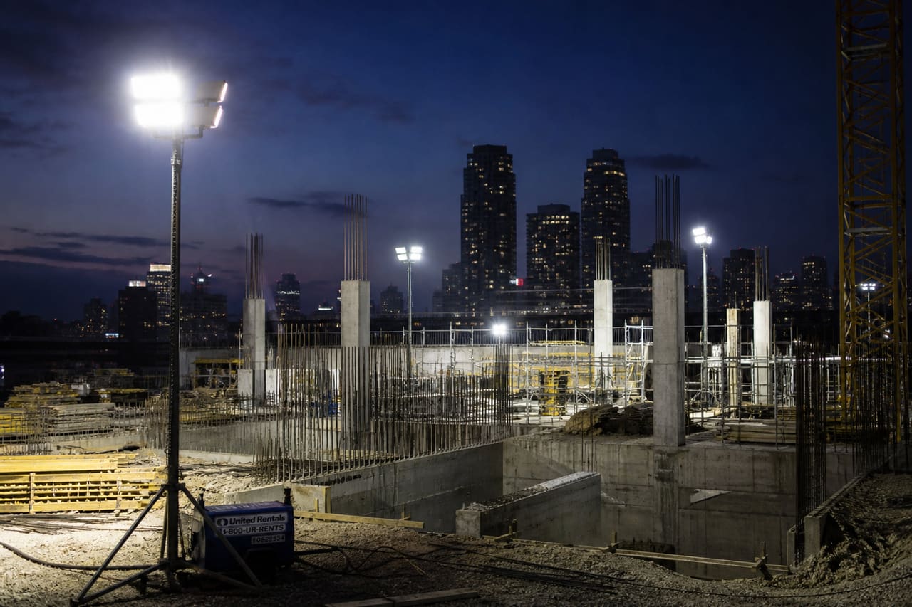 Industrial Temporary Flood Lights Illuminating a Construction Site at Dusk