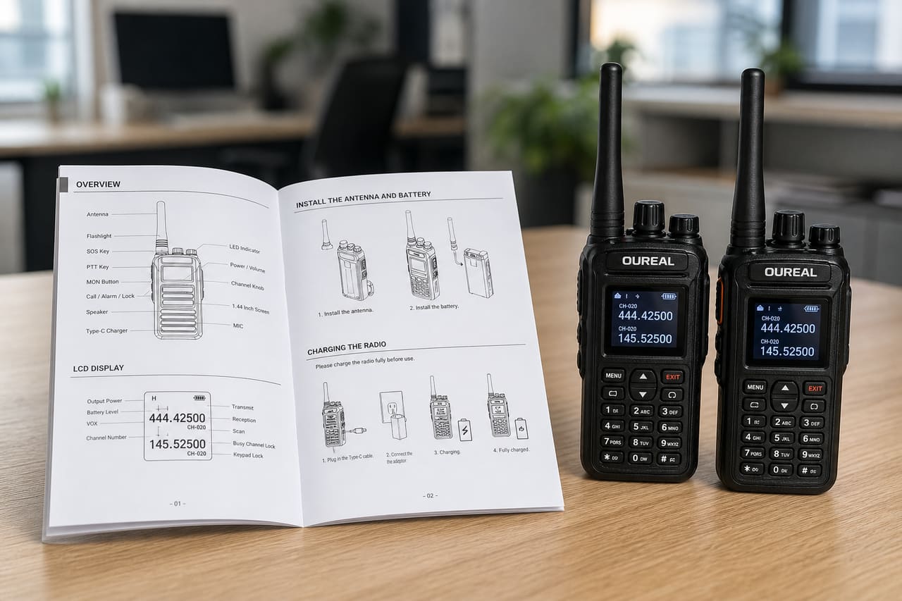 Technical User Manual for Oureal Walkie Talkies on a Wooden Desk