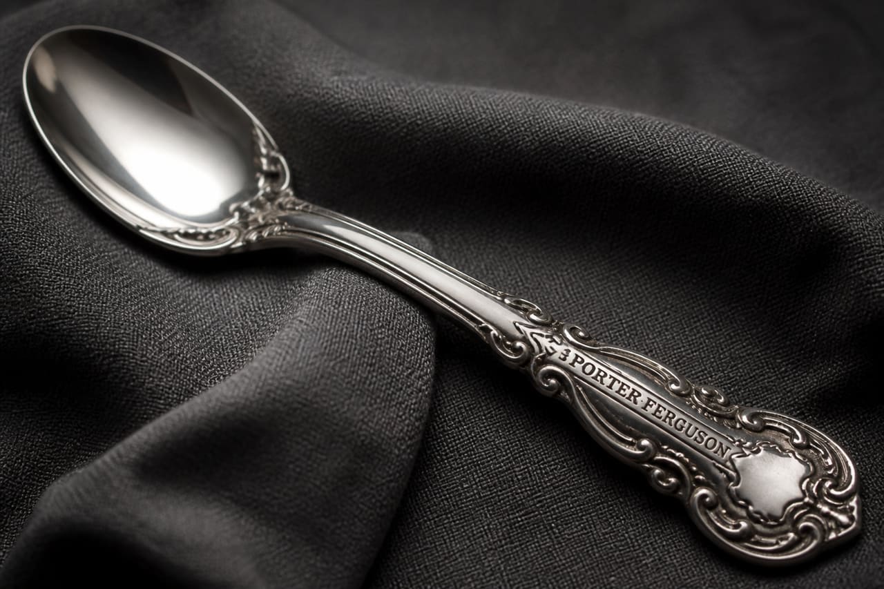 Vintage Porter Ferguson Spoon on Dark Linen Fabric