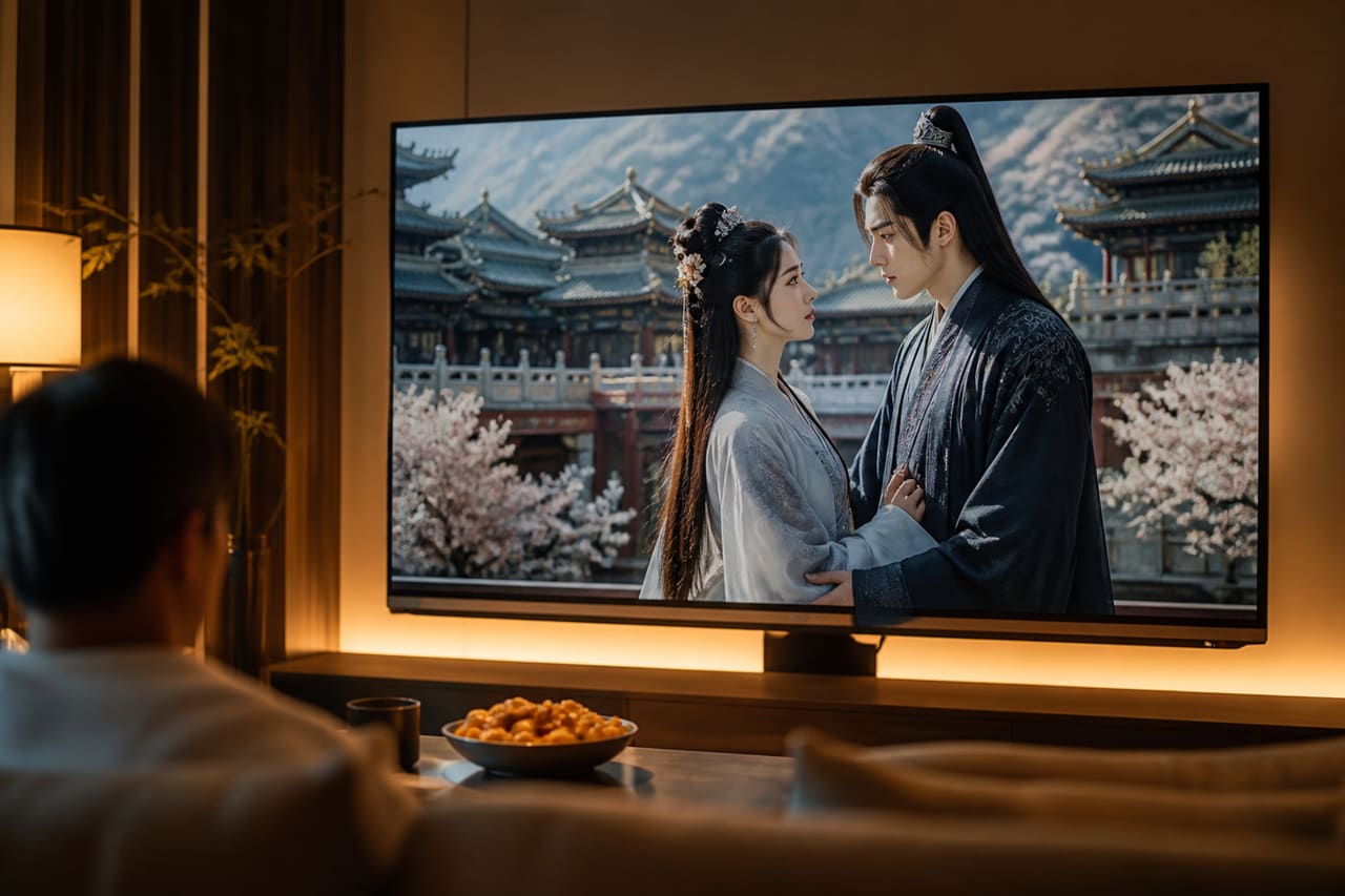 Chinese Period Movie Playing on Smart TV in Living Room