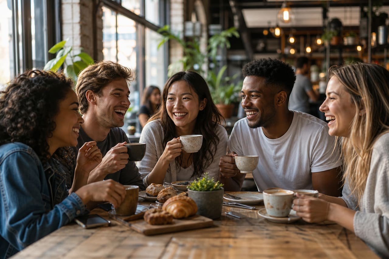 Group of Diverse Friends Laughing Together in a Cozy Urban Cafe