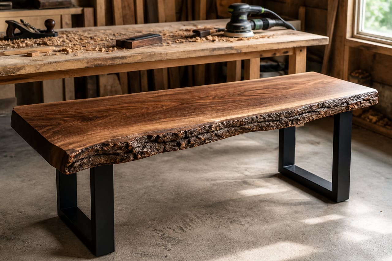 Handcrafted Live Edge Bench with Steel Legs in Workshop