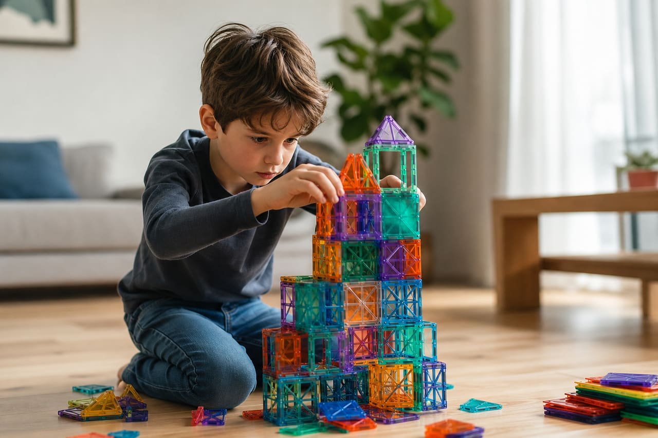 Child Playing with Stem Building Blocks in a Bright Living Room