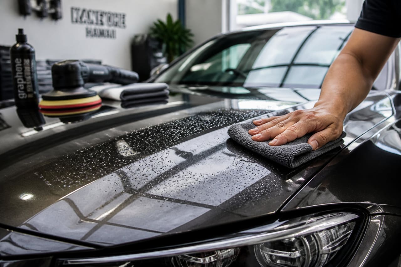 Professional Detailer Polishing a Luxury Sedan in Kaneohe