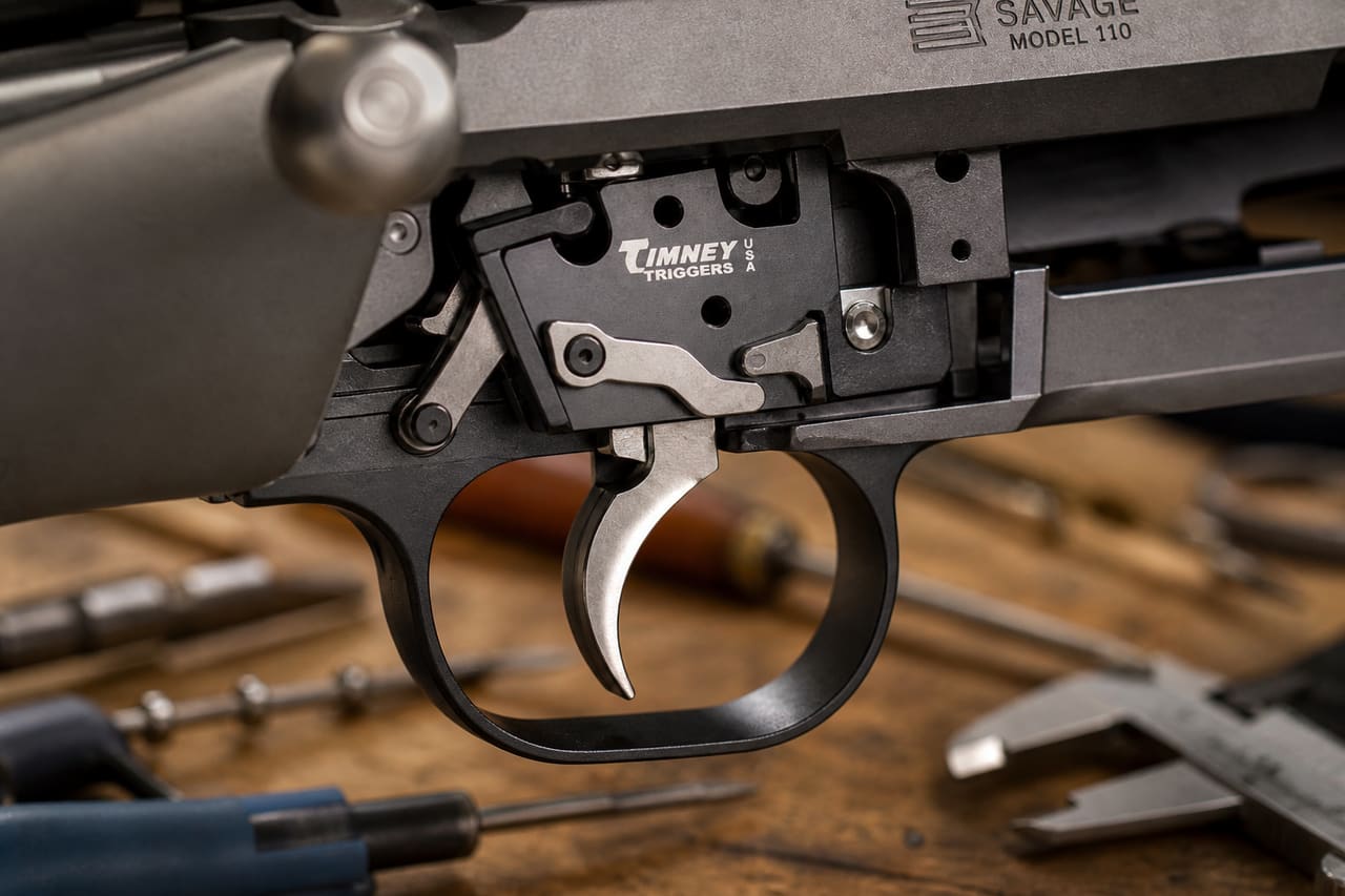 Close-Up of a Timney Trigger Installed in a Savage Rifle