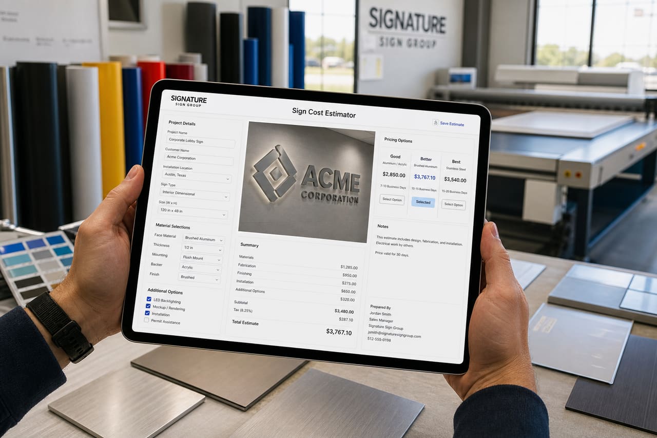 Professional Using Sign Cost Estimator Software on a Tablet