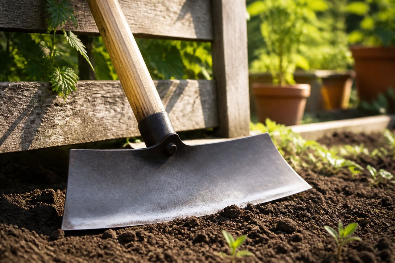 Extra Wide Garden Hoe Resting in a Tilled Vegetable Garden