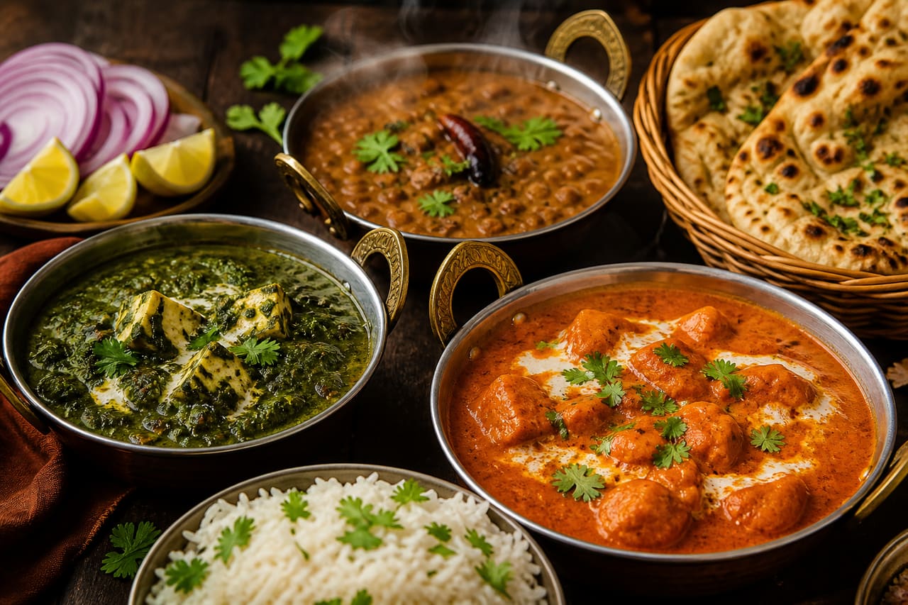 Assortment of Traditional Indian Cuisine on a Rustic Wooden Table