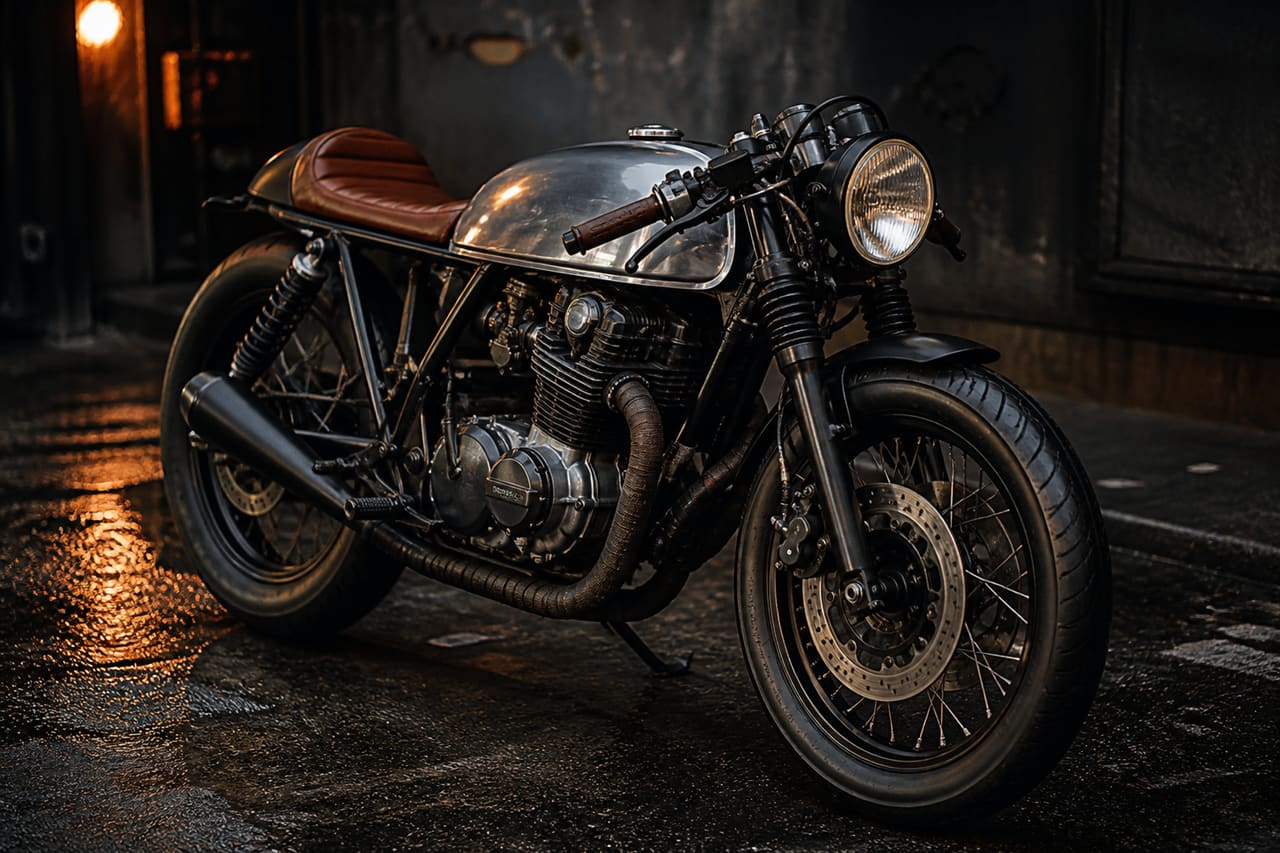 Custom Cafe Racer Motorcycle in Dark Studio