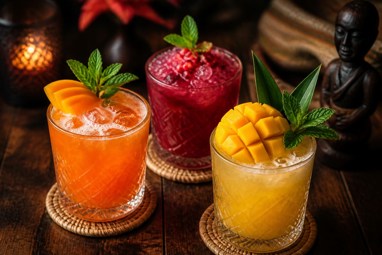 Exotic African Themed Cocktails on a Rustic Wooden Table